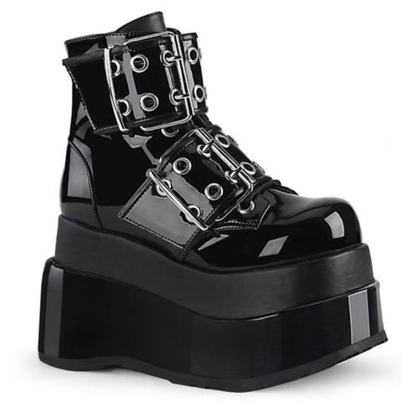 Demonia Shoes - Demonia Bear-104 Black Patent Buckle Platform Ankle Boot